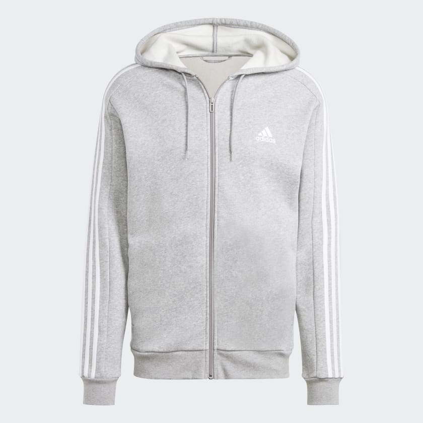 Adidas Mens 3-Stripe Fleece Full Zip Hoodie - Grey