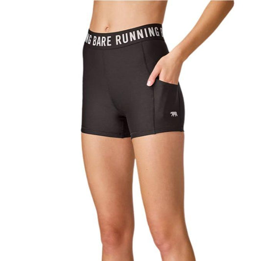 Running Bare Ab Waisted Accelerate Bike Shorts W/Gusset & Pockets 4Inch - Black