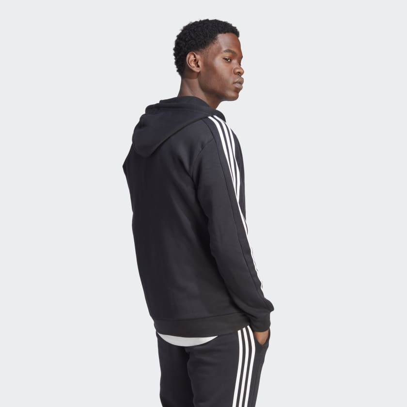Adidas Mens 3-Stripe Fleece Full Zip Hoodie - Black